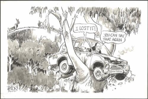 I lost it! - You can say that again - John Howard and Peter Reith stuck in a tree in a car with reconciliation number plates, 1997 [picture] / Pryor