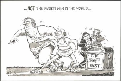 Not the fastest men in the world - Kim Beazley and John Howard running a race, with John Howard dragging the past behind him, 1997 [picture] / Pryor