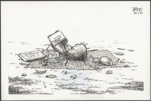 The remains of the picnic - Esky, food and rubbish scattered over picnic rug on grass, 1997 [picture] / Pryor