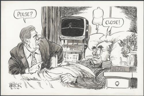 Pulse? - Close! - Peter Costello sitting with John Howard in hospital hooked up to public opinion monitor, 1997 [picture] / Pryor