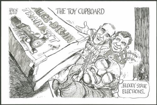 The toy cupboard - Bloody state elections - John Howard struggling to put Alice-Darwin train set back into toy cupboard, 1997 [picture] / Pryor