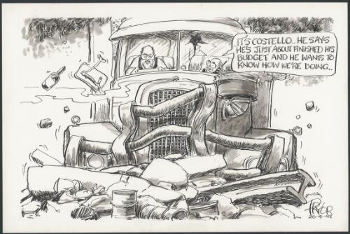 It's Costello - He says he's just about finished his budget and he wants to know how we're doing - Howard and Peter Reith in giant truck, 1998 [picture] / Pryor