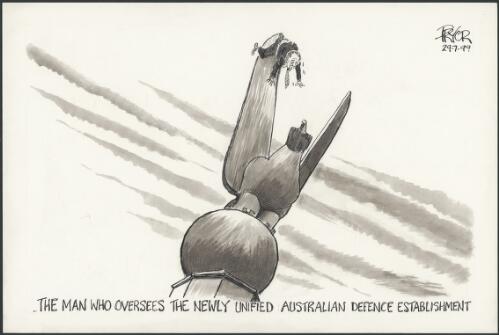 The Minister for Defence John Moore finds himself momentarily at odds with the Defence establishment. [picture] / Pryor