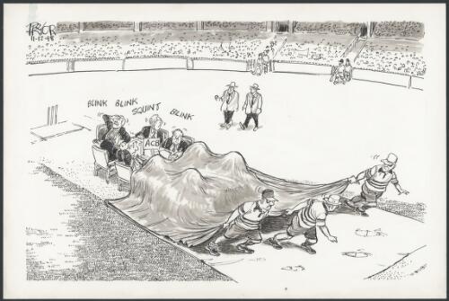 [Pulling the covers to reveal the Australian Cricket Board], 1998 [picture] / Pryor