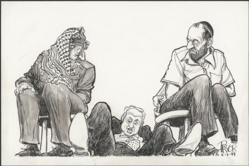 Benjamin Netanyahu falling down between Yasser Arafat and a man representing the Jewish people, 1999 [picture] / Pryor