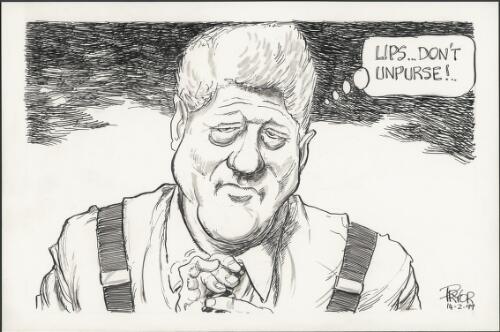 Lips - Don't unpurse - Bill Clinton looking miserable and adjusting his tie, 1999 [picture] / Pryor