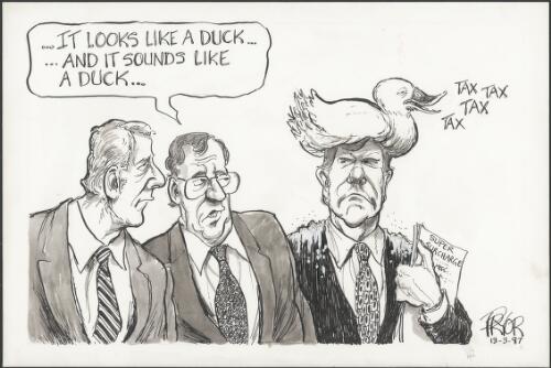 "It looks like a duck - and it sounds like a duck" - Peter Costello with a duck on his head, holding super surcharge report, 1997 [picture] / Pryor