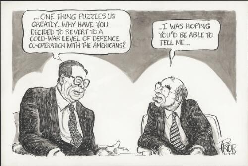 "One thing puzzles us greatly - why have you decided to revert to a Cold War level of defence co-operation with the Americans?", Chinese President Jiang Zemin queries Prime Minister John Howard during Beijing visit, 1997 [picture] / Pryor
