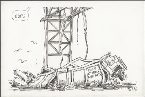 "Oops" - Reith's Workfront reforms truck dropped by crane accidently, 1997 [picture] / Pryor