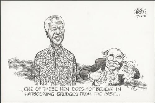 One of these men does not believe in harbouring grudges from the past - Nelson Mandela and John Howard who has torn up a paper from the Australian Meat and Livestock corporation with John Kerin's name on it, 1997 [picture] / Pryor