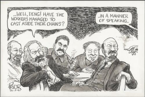 "Well, Deng! Have the workers managed to cast aside their chains?" - "In a manner of speaking" - Deng Xiaoping dies and is received into heaven joining fellow communists Ho Chi Minh, Karl Marx, Josef Stalin, Mao Tse-Tung and Vladimir Lenin, 1997 [picture] / Pryor