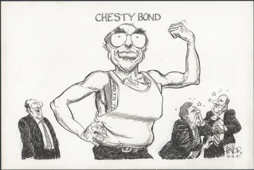 Chesty Bond - John Howard posing with I.C.T.C.F. report and polls papers stuffed into his singlet with Peter Costello, Tim Fischer and Peter Reith in background - Howard gives press conference at Bonds factory as government announces funding to help develop global competitive capacity in the textile, clothing and footwear industries, 1997 [picture] / Pryor