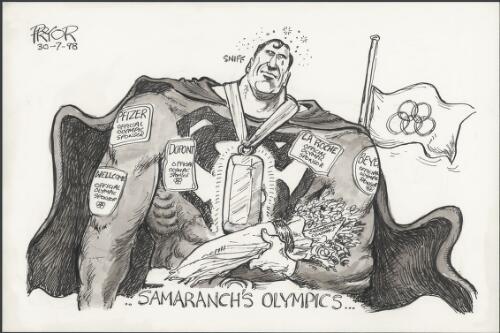 Samaranch's olympics - Samaranch as superman with official olympic sponsor badges all over his costume, 1998 [picture] / Pryor