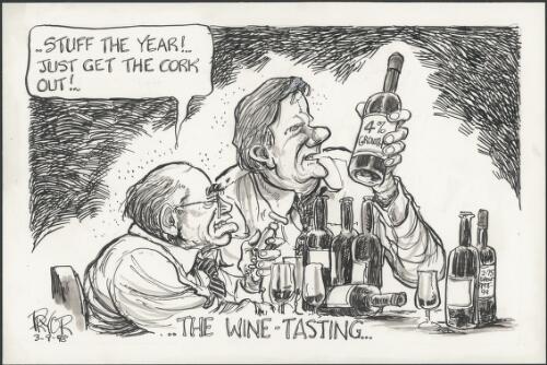 "Stuff the year! - just get the cork out!" - the wine-tasting - John Howard and Peter Costello enjoying the 4% growth wine bottle, 1998 [picture] / Pryor