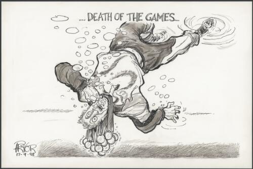 Death of the games - man drowning under the weight of lots of medals around his neck - Australia's medal tally in the 16th Commonwealth games far excedes any other country participating, 1998 [picture] / Pryor