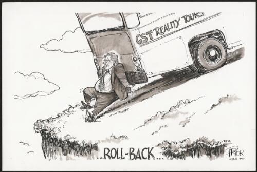 Opposition Leader Kim Beazley rolling back the GST bus from the edge of a cliff, 2000 [picture] / Pryor