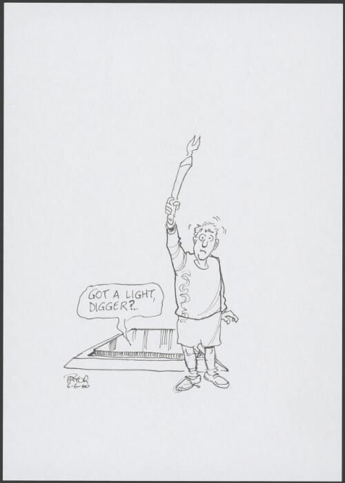 "Got a light, digger?"--Olympic torch bearer beside Tomb of the Unknown Australian Soldier, Canberra 2000 [picture] / Pryor