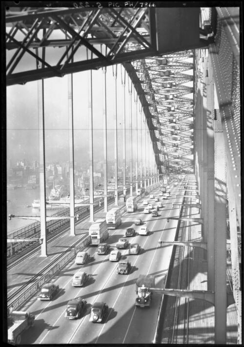 Harbour Bridge deck with traffic, Sydney [picture] / [Frank Hurley]