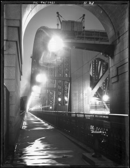 Night scene on Bridge [Sydney Harbour Bridge, Sydney] [picture] / [Frank Hurley]