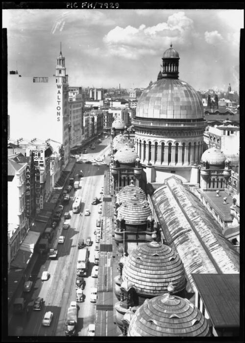 George Street [looking down onto the Queen Victoria Building, Sydney] [picture] / [Frank Hurley]