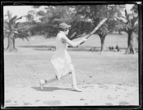 Member of the Vice Regal Club batting during a women's cricket game in the Domain, Sydney, 7 November 1932, 3 [picture]