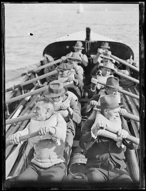 Volunteer crew rowing the Watsons Bay lifeboat Alice Rawson on Sydney Harbour, New South Wales, May 1930, 2 [picture]