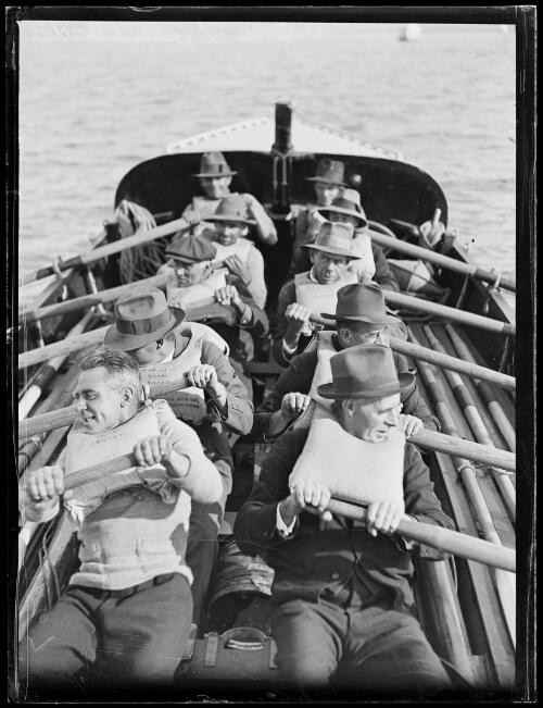 Volunteer crew rowing the Watsons Bay lifeboat Alice Rawson on Sydney Harbour, New South Wales, May 1930, 3 [picture]