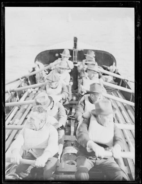 Volunteer crew rowing the Watsons Bay lifeboat Alice Rawson on Sydney Harbour, New South Wales, May 1930, 4 [picture]