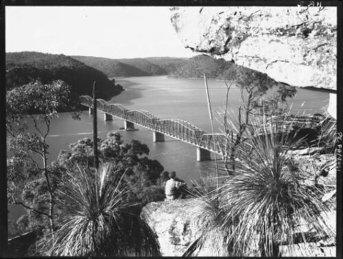 [View of Hawkesbury River and bridge with grass trees in foreground, New South Wales, 2] [picture] / [Frank Hurley]