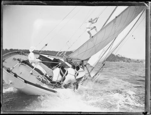 Crew members in a sailing yacht about to capsize, New South Wales, ca. 1932 [picture]
