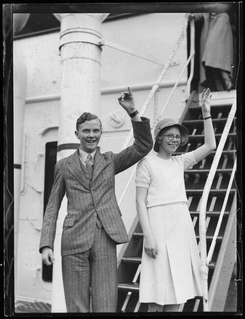Son and daughter of Governor Sir Philip Game waving to the crowd before their departure on the Niagara, New South Wales, 25 May 1934 [picture]