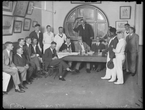 Mock trial of Queensland Aboriginal cricketer Eddie Gilbert in the Queensland dressing room, New South Wales, ca. 1933 [picture]