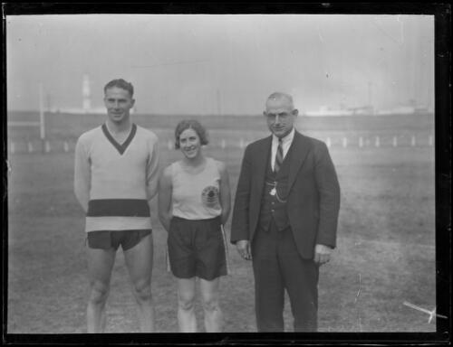 Eileen Wearne with her trainer[?] and another man, New South Wales, 20 May 1932 [picture]