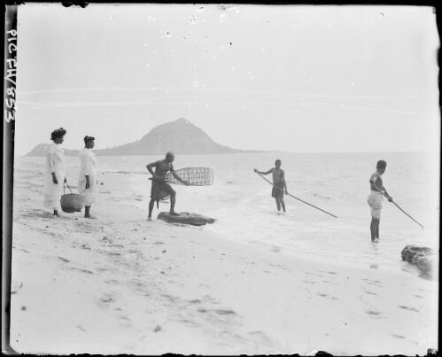 [Beach scene showing three men catching sardines while two women wait to carry the catch away, Murray Island, Torres Strait, Queensland] [picture] : [Pearls and savages] / [Frank Hurley]