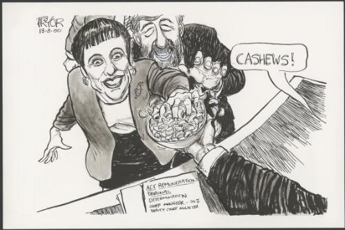 Kate Carnell and Gary Humphries getting paid in cashews as determined by the ACT Remuneration Tribunal, 2000 [picture] / Pryor