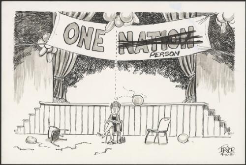 Pauline Hanson sitting alone under banner One Nation/Person, 2000 [picture] / Pryor