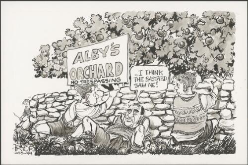 "I think the bastard saw me!" - Alby's orchard no trespassing - John Fahey hiding behind a stone wall with two other boys, 2000 [picture] / Pryor