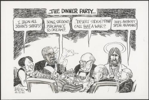 The dinner party with guests (clockwise from left) Janette Howard, Colin Powell, Winston Churchill, Jesus Christ, John Howard, Don Bradman and William Shakespeare, 2000 [picture] / Pryor