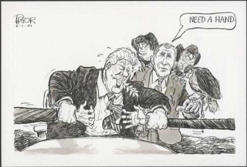 "Need a hand"--George Bush to Bill Clinton as he mediates in the Middle East peace process, 2001 [picture] / Pryor