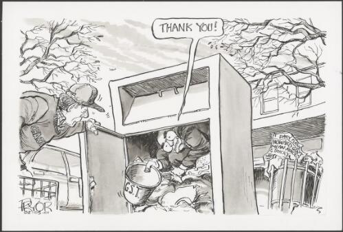 "Thank you!"--John Howard hiding in charity bin collecting GST, 2001 [picture] / Pryor