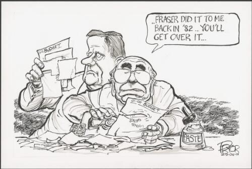 "Fraser did it to me back in '82 - You'll get over it" - John Howard cutting up the 01-02 budget paper and giving Peter Costello a glued together version, 2001 [picture] / Pryor