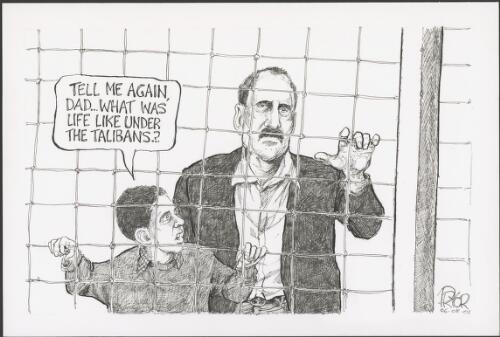 "Tell me again Dad what was it like under the Talibans? - Afghan father and son in refugee camp, 2001 [picture] / Pryor