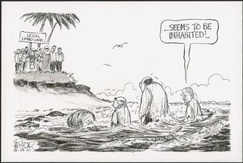 John Howard, Peter Reith and Philip Ruddock shipwrecked on their asylum-seekers policy, 2001 [picture] / Pryor