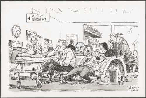 Ian Macfarlane laid out on a trolley in a hospital emergency section attended by very bored John Howard and Peter Costello, 2001 [picture] / Pryor