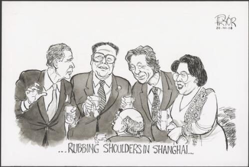 "Rubbing shoulders in Shanghai" - George W. Bush, Chang Chun-hsiung, John Howard, Junichiro Koizumi and Megawati Sukarnoputri, 2001 [picture] / Pryor