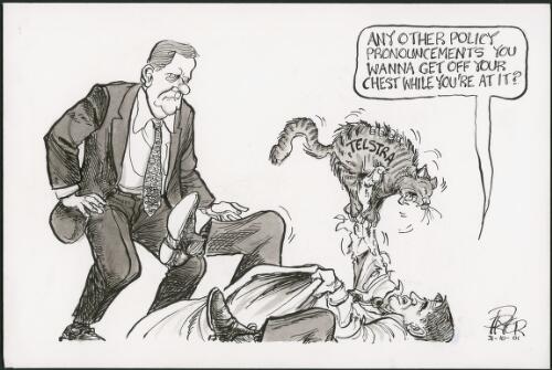 John Anderson, National Party leader, being attacked by Telstra as Peter Costello watches, 2001 [picture] / Pryor