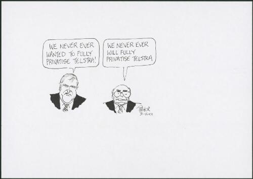 Kim Beazley and John Howard discussing full privatisation of Telstra, 2001 [picture] / Pryor