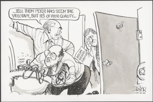 Peter Reith stuffing videotape of so-called Children Overboard affair into toilet as John Howard watches, 2001 [picture] / Pryor
