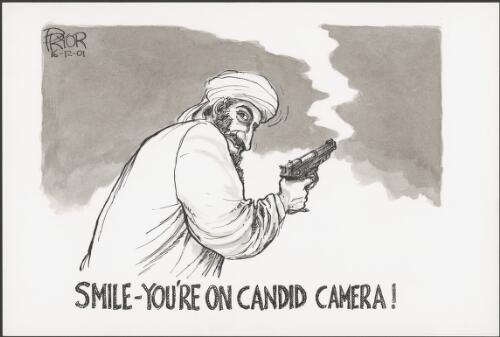 Smile - You're on candid camera! - Osama bin Laden holding a gun while looking over his shoulder, 2001 [picture] / Pryor