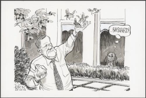 Peter Costello feeding birds as a glowering John Howard watches, Parliament House, Canberra, 2002 [picture] / Pryor